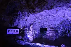 Purple-lit formations around the Dream Palace sign inside Hida Great Limestone Cave